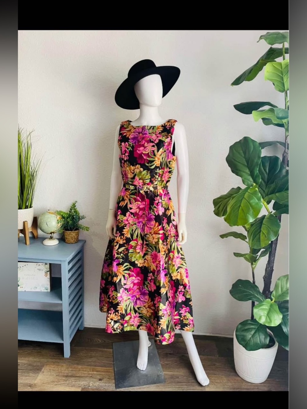 Flying Tomato Black Mide Dress with Pink & Yellow Floral Print